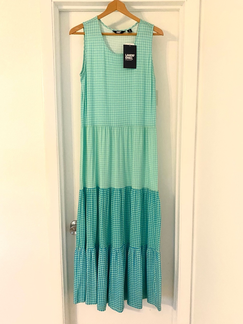 NWT $85 LANDS’ END Mint & Light Teal Gingham Sundress. Size medium.